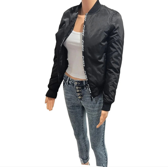 GUESS Black Bomber Jacket with Logo Tape - Picture 4 of 13
